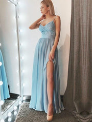 Sleeveless Spaghetti Straps A-line Floor-Length Lace Chiffon Dresses