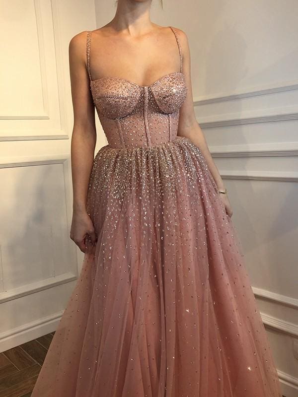 Sleeveless Spaghetti Straps Floor-Length With Beading Tulle Dresses