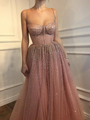 Sleeveless Spaghetti Straps Floor-Length With Beading Tulle Dresses