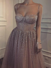 Sleeveless Spaghetti Straps Floor-Length With Beading Tulle Dresses