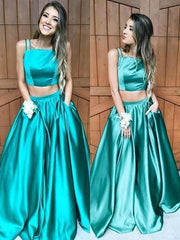 Sleeveless Square Floor-Length With Ruffles Satin Two Piece Dresses