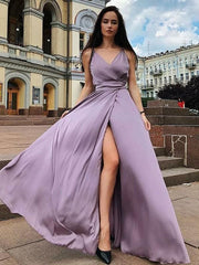 Sleeveless Straps Front Slit Ruffles Satin Chiffon Formal Dresses