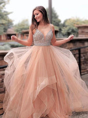 Sleeveless Straps Sweep/Brush A-line Train With Beading Tulle Dresses