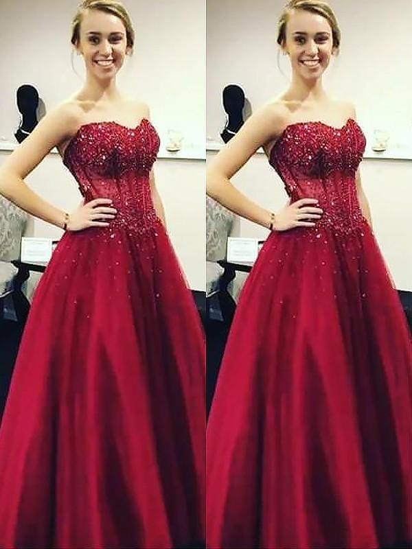 Sleeveless Sweetheart With Beading Floor-Length Red Satin Dresses