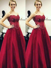 Sleeveless Sweetheart With Beading Floor-Length Red Satin Dresses