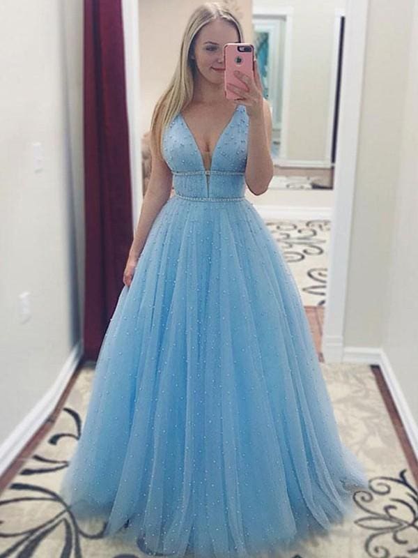 Sleeveless V-Neck A-line Pearls Tulle Evening Dresses Sky Blue