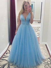 Sleeveless V-Neck A-line Pearls Tulle Evening Dresses Sky Blue