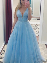Sleeveless V-Neck A-line Pearls Tulle Evening Dresses Sky Blue