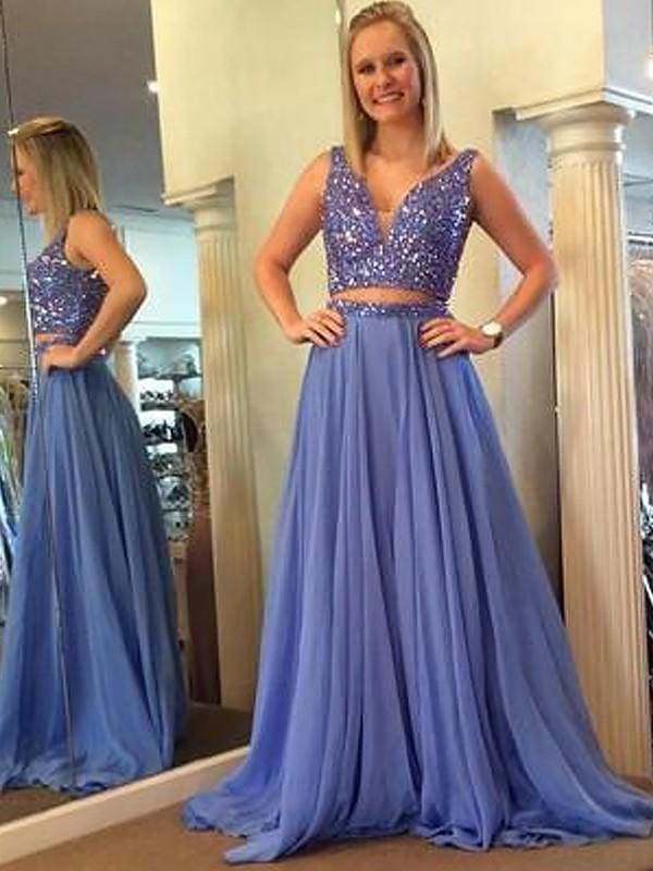 Sleeveless V-Neck Chiffon With Beading Floor-Length Two Piece Dresses