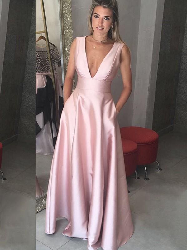 Sleeveless V-Neck Floor-Length A-line Ruffles Satin Dresses