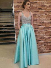Sleeveless V-Neck Floor-Length A-line Satin Evening Dresses With Beading