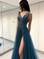 Sleeveless V-Neck Floor-Length A-line With Applique Tulle Dresses