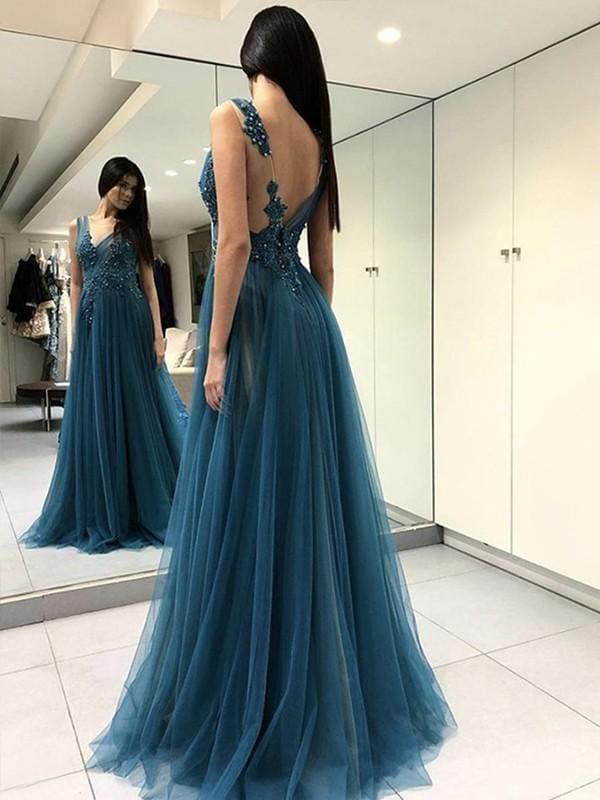 Sleeveless V-Neck Floor-Length A-line With Applique Tulle Dresses