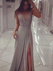 Sleeveless V-Neck Floor-Length With Beading Chiffon Prom Dresses