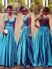 Sleeveless V-Neck Ruched Satin Floor-Length Dresses