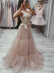 Sleeveless V-Neck Sweep/Brush A-line Train With Applique Tulle Dresses