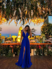 Sleeveless V-Neck Sweep/Brush A-line Train With Ruffles Satin Dresses