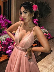 Sleeveless V-Neck Sweep/Brush Train With Beading Chiffon Dresses