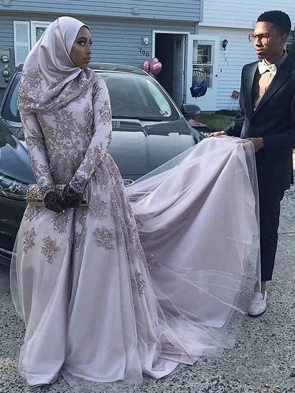 Sleeves Scoop Sweep/Brush Train With Applique Tulle Muslim Dresses