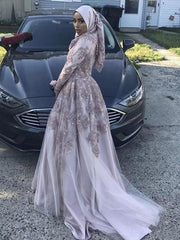 Sleeves Scoop Sweep/Brush Train With Applique Tulle Muslim Dresses