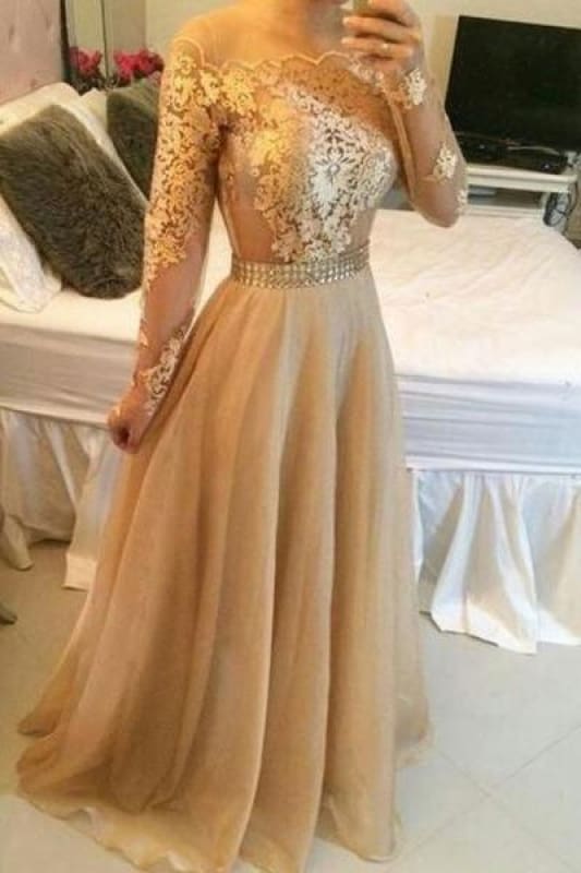 Sleeves Sheer Prom Dresses A-line Crystals Sexy Formal Evening Gowns