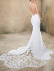 Engagement Open Back Formal Boho Wedding Dresses Mermaid / Trumpet Sweetheart Camisole Spaghetti Strap Court Train Lace Bridal Gowns With Beading Lace Insert