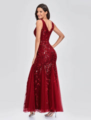 Elegant Party Wear Formal Evening Dress V Neck V Back Sleeveless Floor Length Tulle with Embroidery