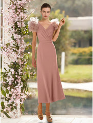 Aimishang  A-Line Mother of the Bride Dress Wedding Guest Elegant V Neck Ankle Length Satin Short Sleeve with Cascading Ruffles Ruching