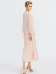 Aimishang  Two Piece Sheath / Column Mother of the Bride Dress Wedding Guest Plus Size Elegant with Jacket Long Sleeve Scoop Neck Tea Length Chiffon Sash / Ribbon Pleats Beadin