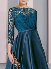 A-Line Mother of the Bride Dress Formal Wedding Guest Elegant High Low Scoop Neck Asymmetrical Tea Length Satin Lace Half Sleeve