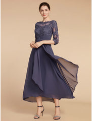 Aimishang A-Line Mother of the Bride Dress Wedding Guest Elegant Scoop Neck Ankle Length Chiffon Lace 3/4 Length Sleeve with Ruching Solid Color