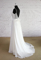 Spaghetti Strap A-Line Chiffon Sleeveless Zipper Backless Wedding Dress with Lace