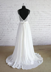 Spaghetti Strap A-Line Chiffon Sleeveless Zipper Backless Wedding Dress with Lace