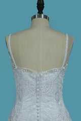 Spaghetti-Straps Backless Long Mermaid Wedding Dress With Lace Appliques