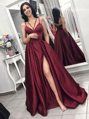 Spaghetti Straps Ruffles Satin Evening Dresses Aline with Slit