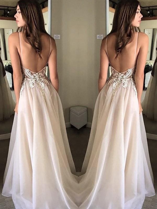 Spaghetti Straps Sleeveless Floor-Length With Applique Chiffon Dresses