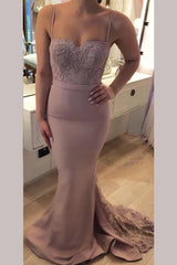 Spaghetti Straps Sweetheart Mermaid Bridesmaid Dress with Lace Appliques