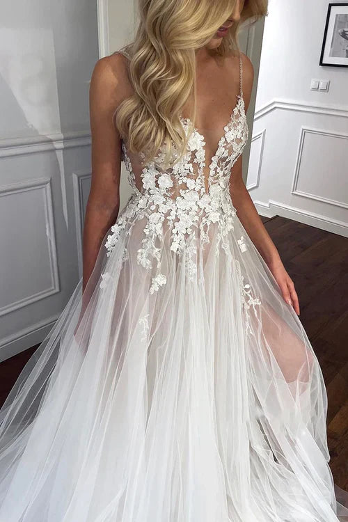 Aimishang Elegant Spaghetti Straps V-Neck Lace Appliques A-line Tulle Rustic Wedding Dress