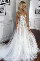 Aimishang Elegant Spaghetti Straps V-Neck Lace Appliques A-line Tulle Rustic Wedding Dress