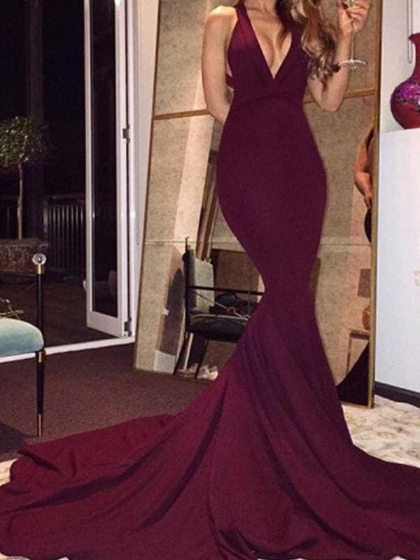 Spandex V-Neck Sleeveless Sweep/Brush Train Burgundy Prom Dresses
