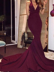 Spandex V-Neck Sleeveless Sweep/Brush Train Burgundy Prom Dresses