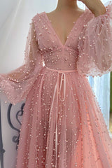 Sparkle in Style with Pink Plunging Neck Evening Dress With Pearl Beaded Tulle