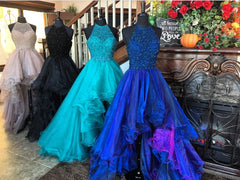 sparkly beading halter organza ruffles front short long back prom dresses