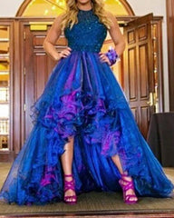 sparkly beading halter organza ruffles front short long back prom dresses