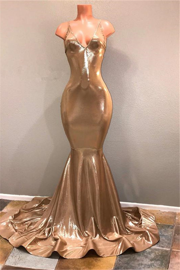 Sparkly Gold Sequins Spaghetti Straps Criss-Cross Prom Dress