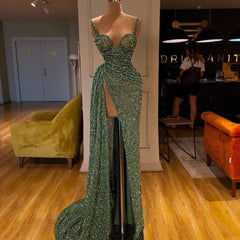 Sparkly Green Sequins Straps Side Slit Ruffles Prom Dress