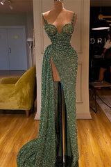 Sparkly Green Sequins Straps Side Slit Ruffles Prom Dress