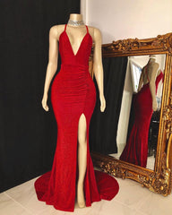 Sparkly Red Sequins Open Back Ruffles Side Slit Prom Dress