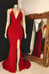 Sparkly Red Sequins Open Back Ruffles Side Slit Prom Dress