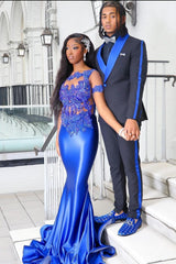 Sparkly Royal Blue Short Sleeve Mermaid Appliques Prom Dress